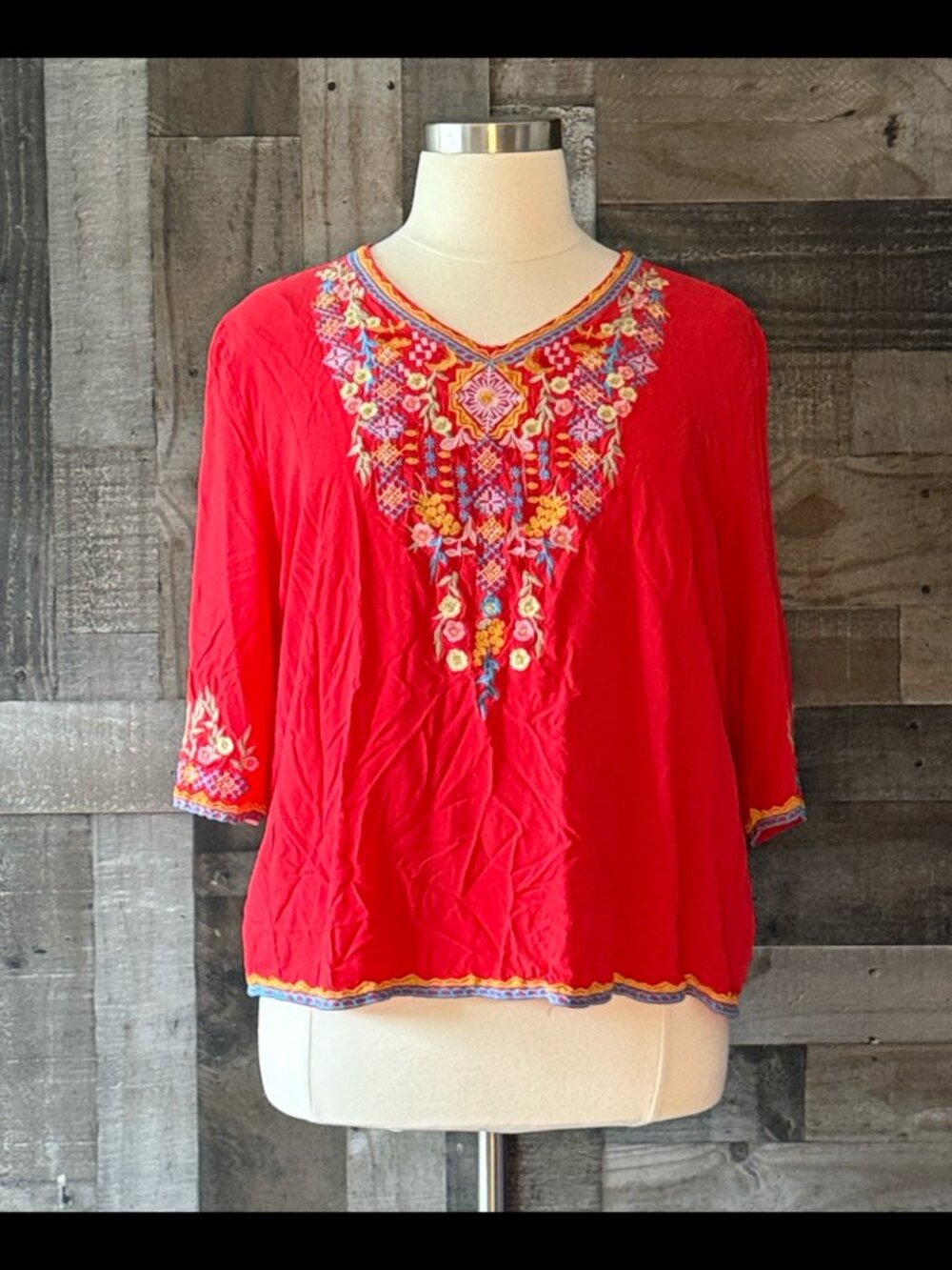 Red fiesta top 2XLarge rainbow floral embroidery festival boho western cowgirl
